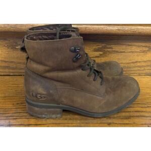 UGG Denhali Womens Size 9.5 Brown Leather Lace Up Shearling Ankle Boots 1007745